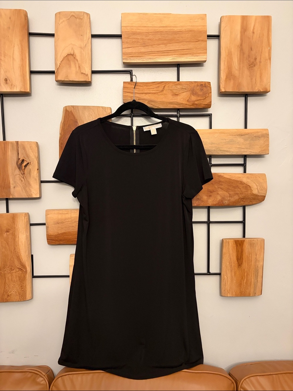 Michael Kors Black Short-Sleeve Shift Dress with Gold Back Zip